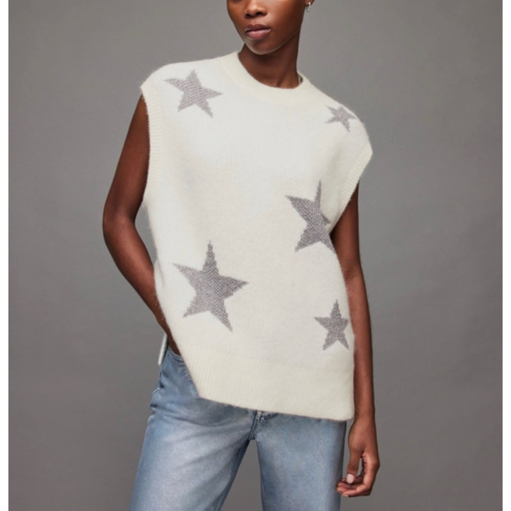 All Saints Jacquard Tank White Sweater Silver Stars  - Size M - New with Tags